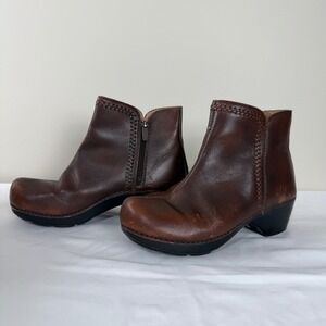 Dansko Brown Leather Ankle Boots Woven Trim Side Zip Block Heel Womens 7.5